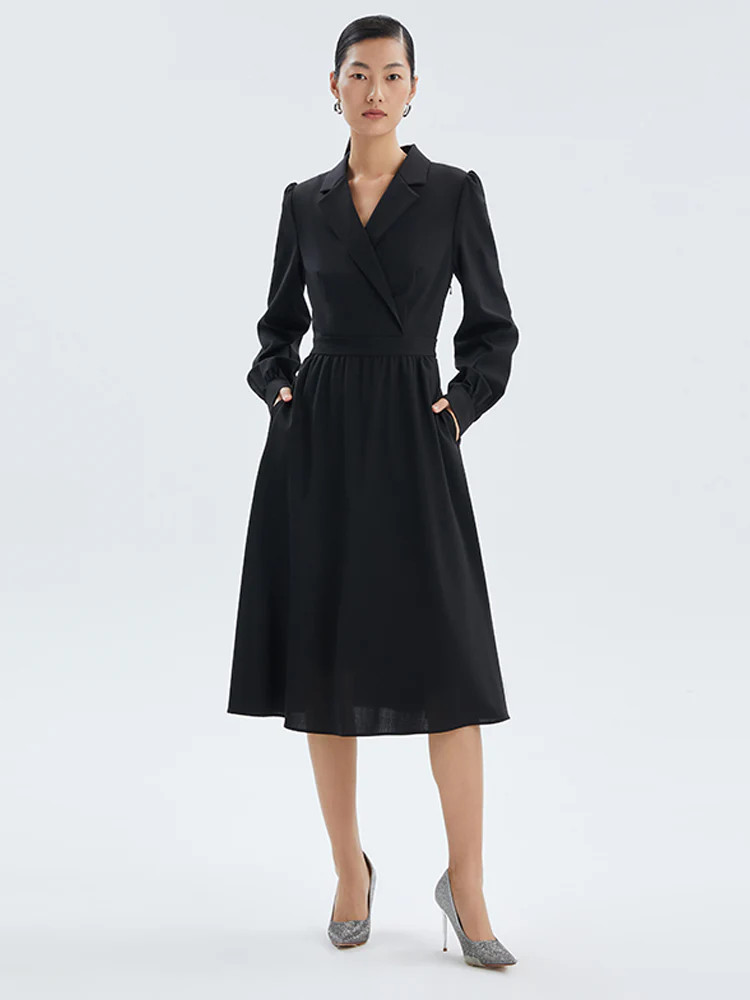 Worsted Wool V-Neck Lapel Midi Dress | GOELIA