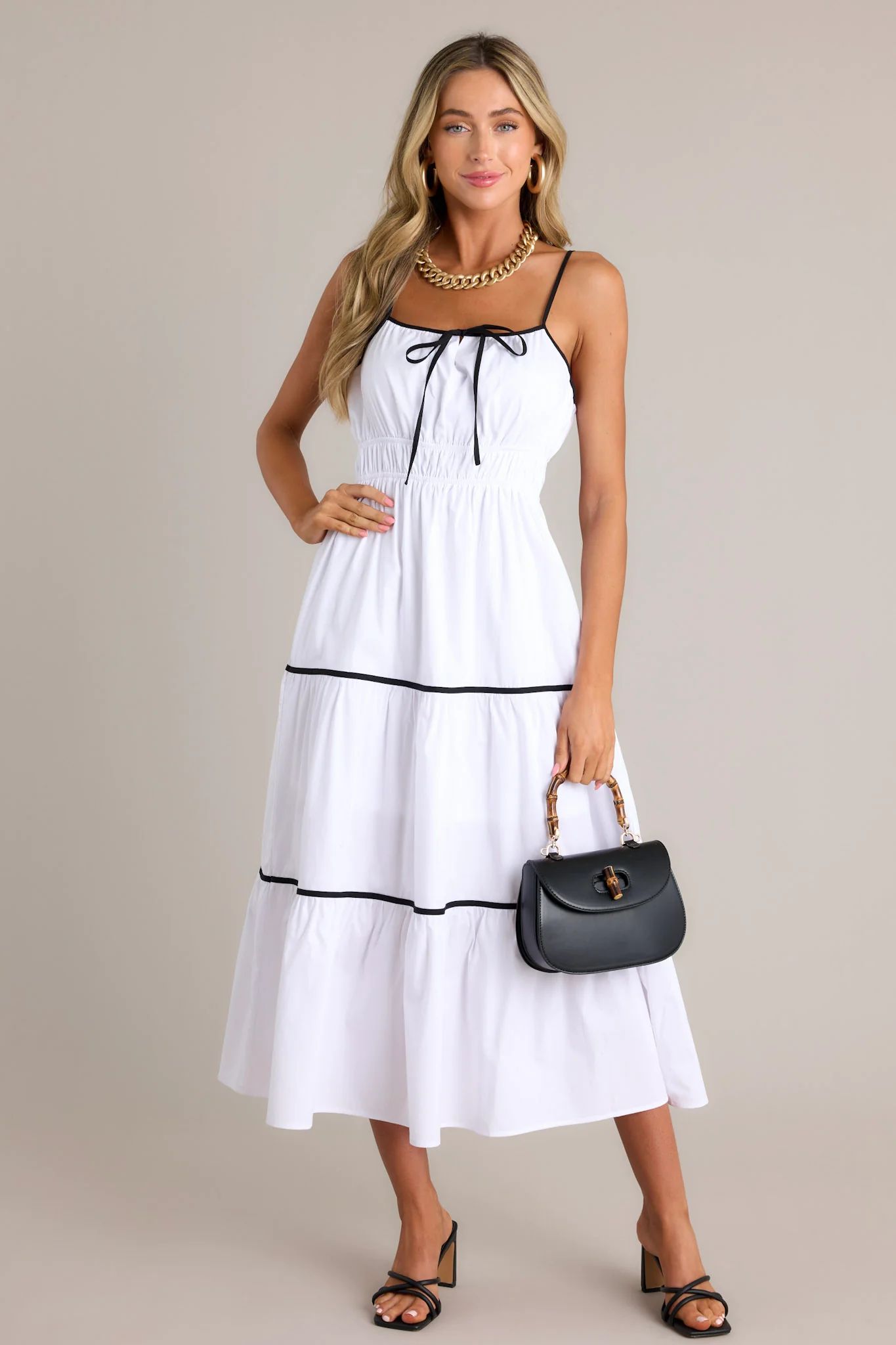 Delightful Discoveries White Tiered Midi Dress | Red Dress
