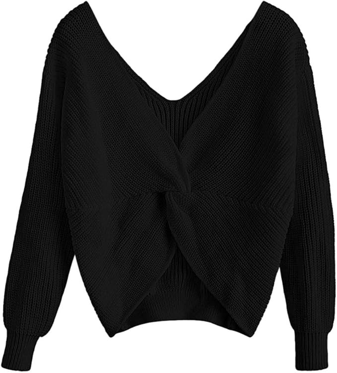 ZAFUL Women's V-Neck Criss Cross Twisted Back Pullover Knitted Crop Sweater Jumper Tops | Amazon (US)