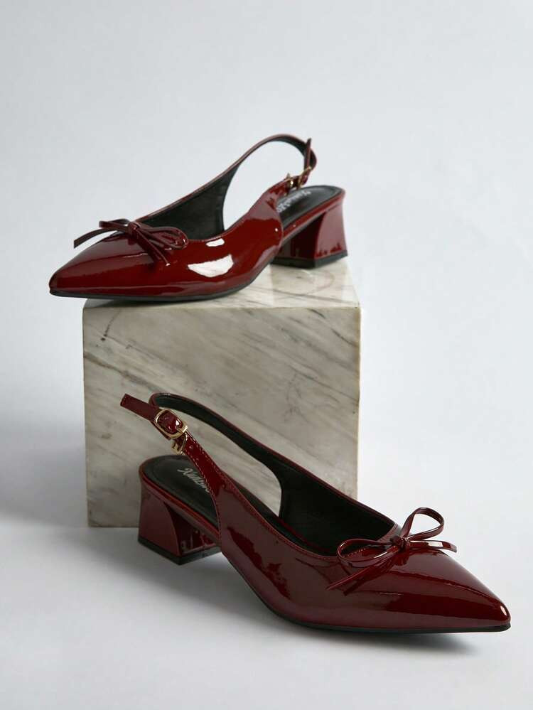2025 Spring/Summer Fashion Women's Wine Red High Heeled Shoes Lady Bow Pointed Toe Patent Leather Ankle Strap Closed Toe Mid Heel Shoes Winter Gifts | SHEIN