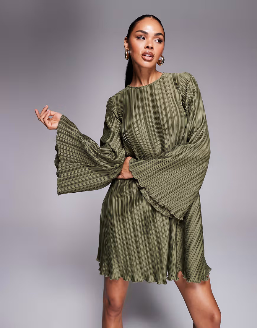 ASOS DESIGN plisse wide sleeve mini dress with back bow detail in khaki green | ASOS (Global)