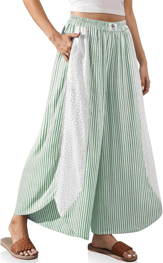 TARSE Womens Wide Leg Striped Boho Palazzo Pants with Lace Panel Summer Loose Elastic Waist Beach... | Amazon (US)
