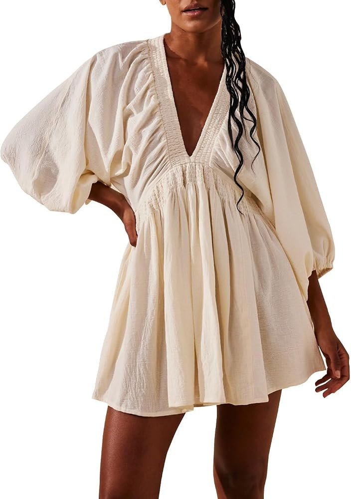 Ladyful Women's Cotton Linen Mini Dress V Neck A-Line Beach Sundress | Amazon (US)