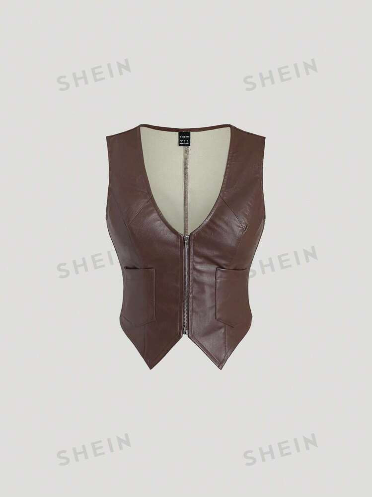 SHEIN Sweetro Women'S Zippered Pu Leather Vest Jacket Y2K Outfit | SHEIN