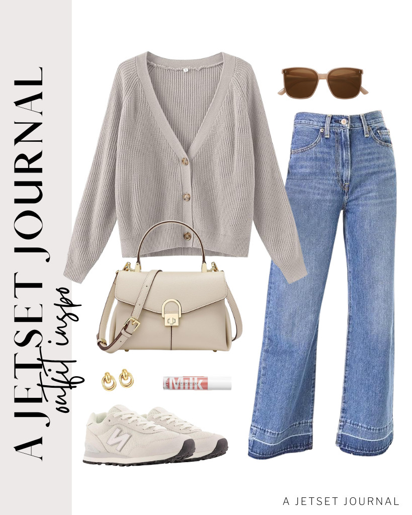 Wear this moon gray knit cardigan over a tee and pair it with trendy wide-leg jeans from Astylish. Pop on a pair of chunky gold earrings, then slip on your New Balance 515 V3 sneakers. A top-handle leather satchel bag pulls the whole look together. 

 #LTKSeasonal #LTKSaleAlert #LTKTravel
