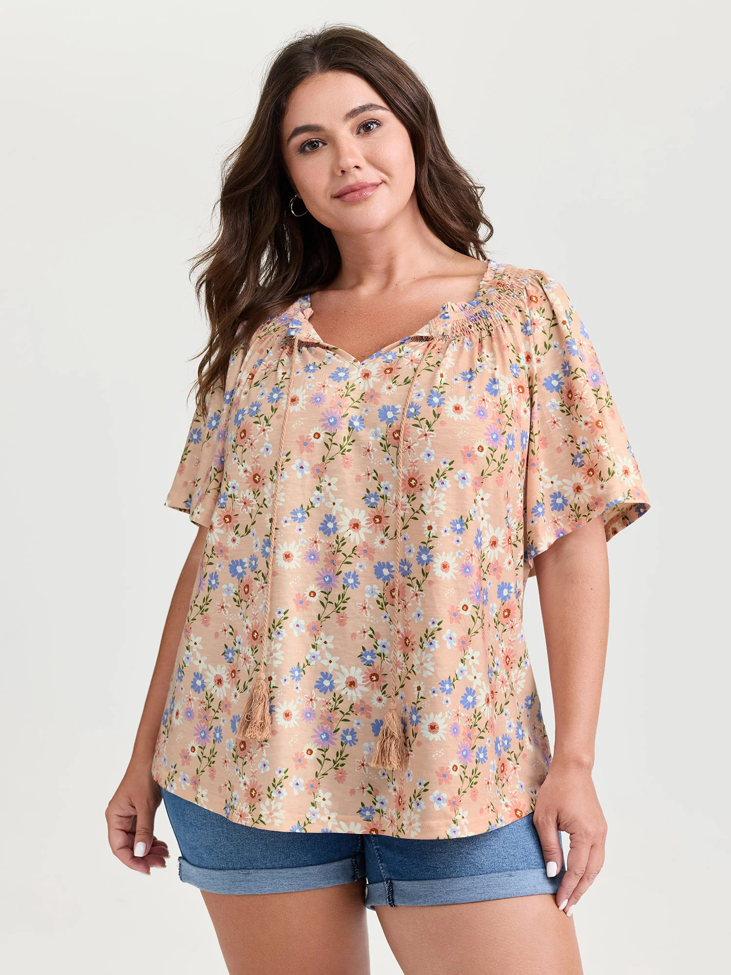 Sweet Floral Print Shirred Drawstring Neckline Top | Bloomchic