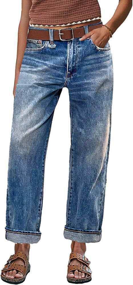 Flamingals Straight Leg Crop Jeans for Women Wash Raw Hem Mid Waist Jeans | Amazon (US)