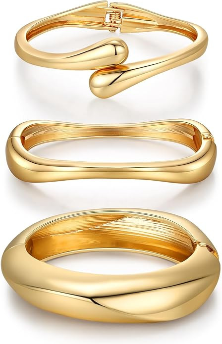 Chunky Gold Bangle Bracelets for Women Trendy 14K Gold Plated Cuff Bracelets Stack, Dainty Bracel... | Amazon (US)