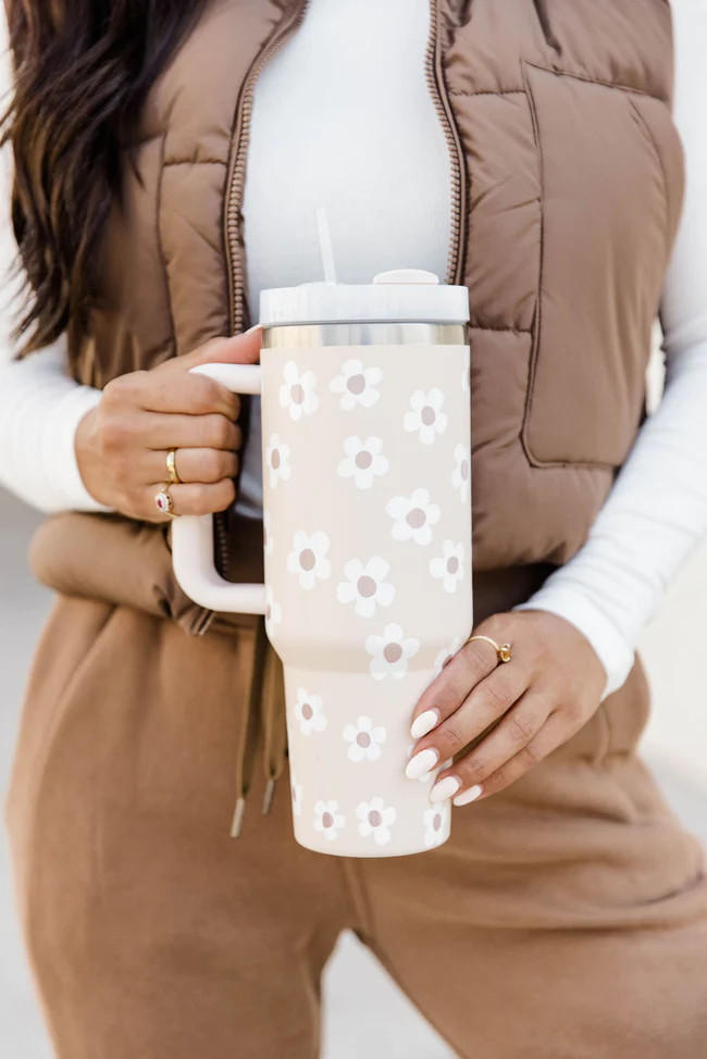 Sippin' Pretty Neutral Daisy 40 oz Drink Tumbler With Lid And Straw | Pink Lily