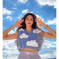 Handmade Merino Wool Cloud Sweater Vest Chunky Knit Cropped Cardigan | Etsy (US)