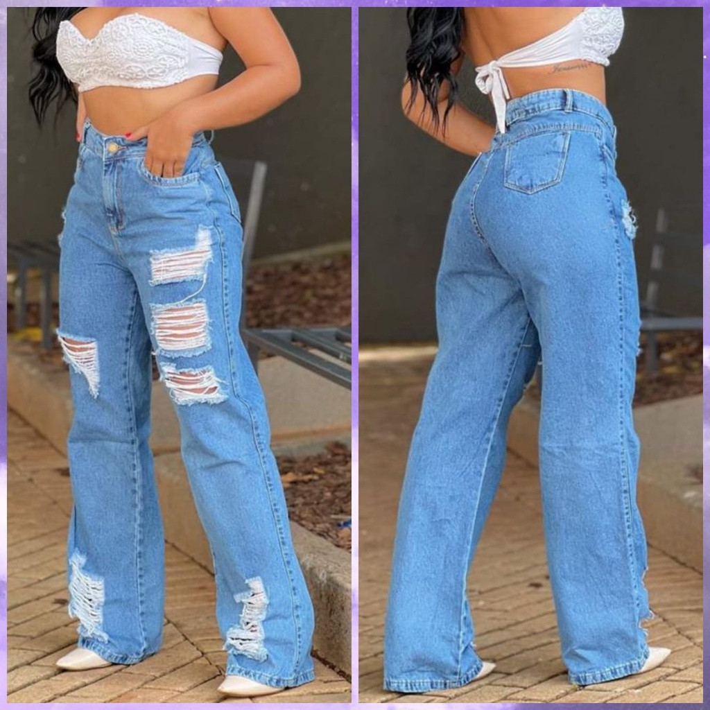 Calça Jeans Feminina Wide Leg pantalona Cintura Alta Tecido | Shopee (BR)