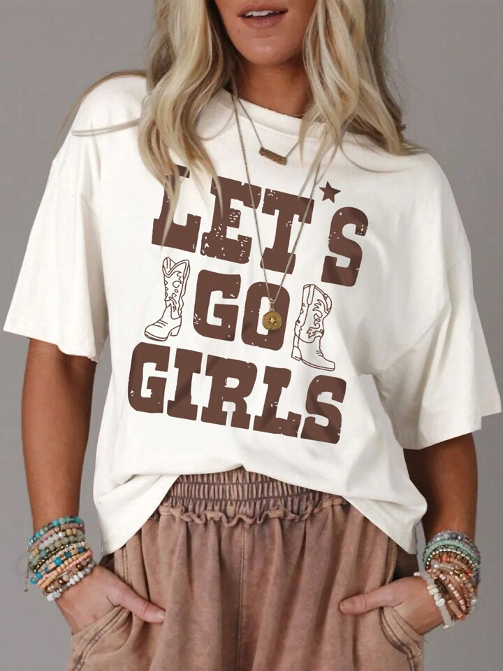 SHEIN EZwear Letter Printed Drop Shoulder Short Sleeve T-Shirt | SHEIN