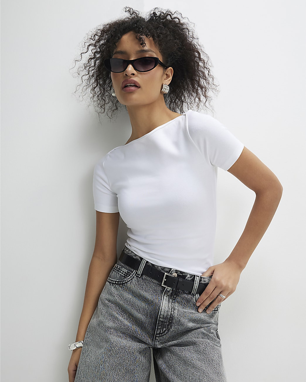 White Short Sleeve Cotton Boat Neck Top | River Island UK & IE
