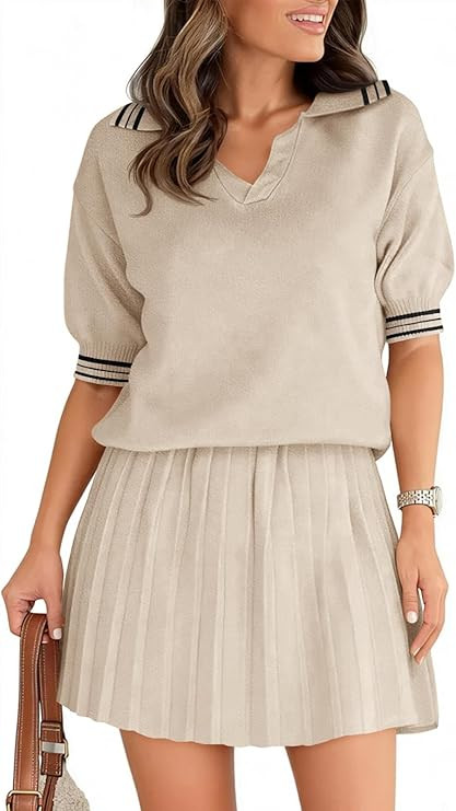 Fisoew Womens Summer 2 Piece Skirt Sets Short Sleeve V Neck Knit Sweater Tops Pleated Mini Skirt ... | Amazon (US)