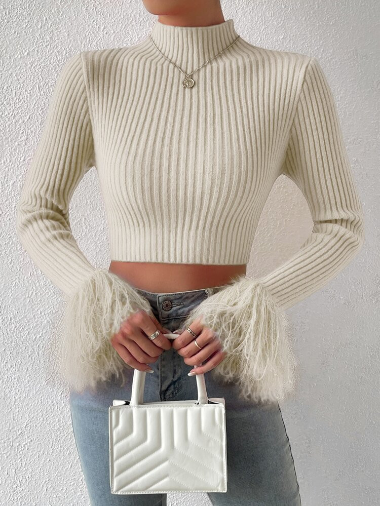 Mock Neck Fuzzy Cuff Crop Sweater | SHEIN