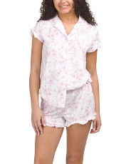 Bow Short Sleeve Notch Collar Pajama Shirt And Pajama Shorts Set | Clothing | Marshalls | Marshalls