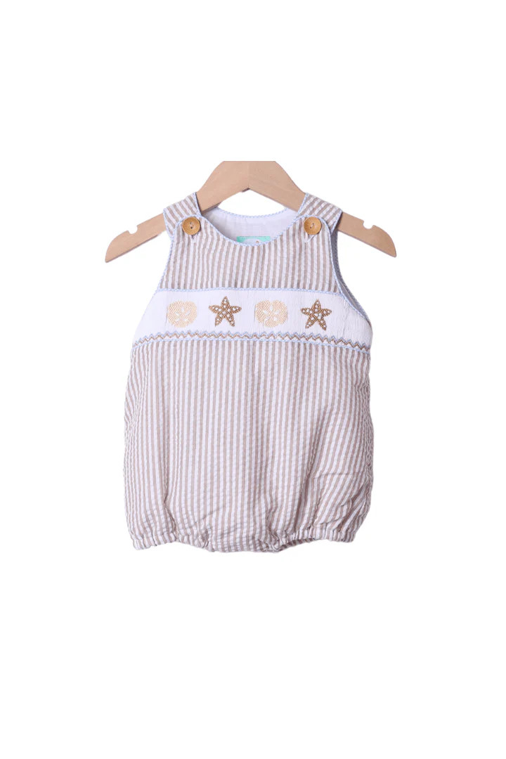 Smocked Starfish Khaki Seersucker Bubble | The Smocked Flamingo