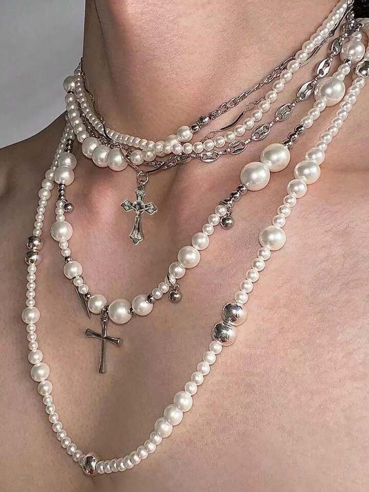 Four-Layer Pearl Beaded Cross Pendant Multi-Level Elegant And High-End Luxury Women's Necklace Fo... | SHEIN