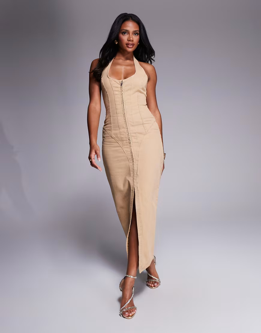 ASOS LUXE corset sculpted halter neck midi dress in tan wash-Brown | ASOS (Global)