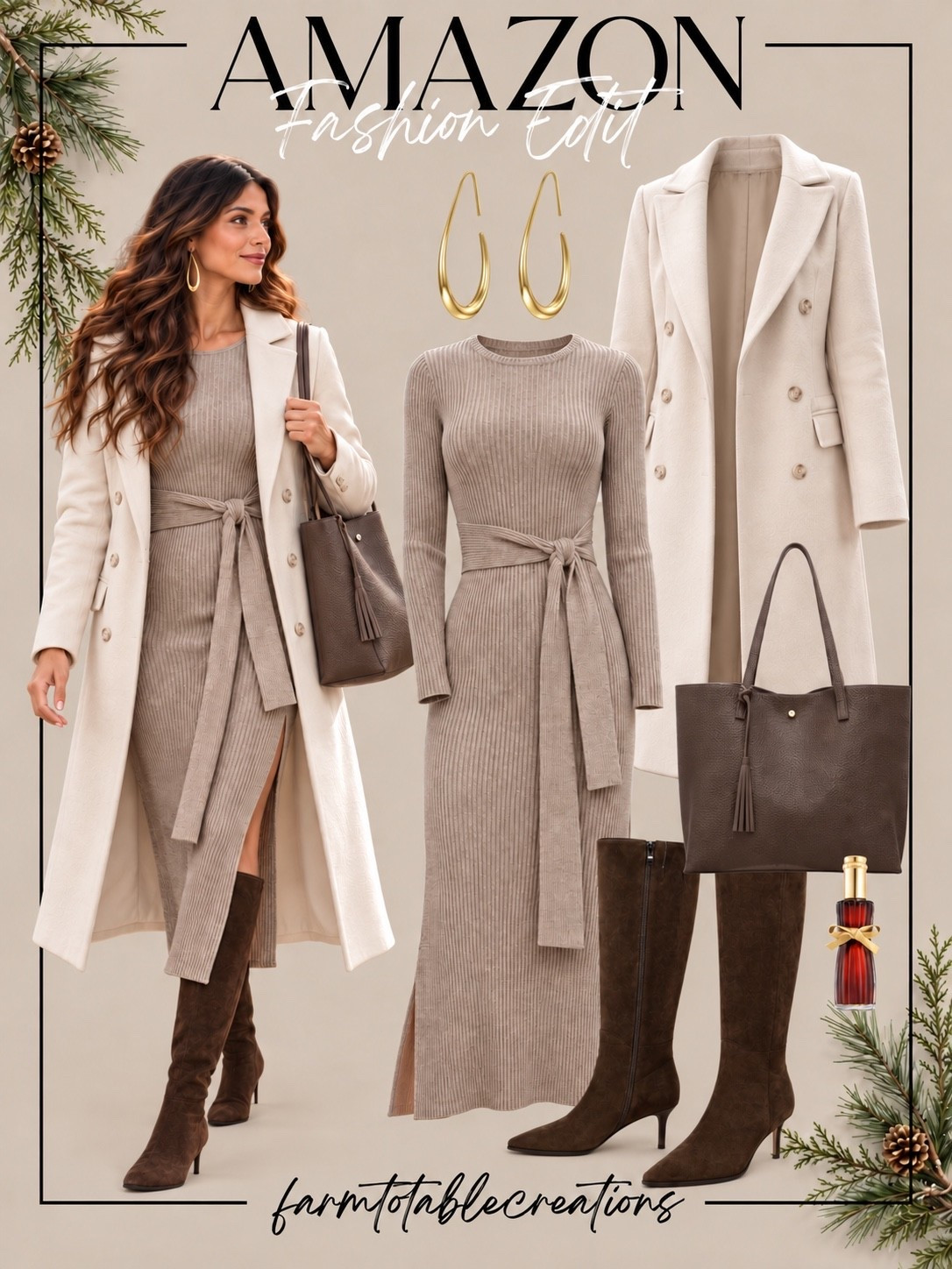 Winter Date Night Outfit 🤎❄️

This winter date night look is the perfect balance of cozy, feminine, and polished. The fitted neutral sweater dress creates such a flattering silhouette, while the long ivory coat and rich chocolate-brown boots make the outfit feel elevated and perfect for colder weather.

Finish it with gold statement earrings, a chocolate tote, and a warm fragrance for an effortless look that works for dinner, cocktails, a holiday date, or a winter evening out.

Follow @farmtotablecreations on Instagram for more cozy home finds and trending decor.

#LTKStyle #AmazonFashion #AmazonFinds #WinterDateNight #DateNightOutfit #WinterOutfit #WinterFashion #SweaterDress #NeutralStyle #ColdWeatherStyle #AmazonStyle #WinterWardrobe #HolidayStyle #CasualChic #LTKFashion

#LTKOver40 #LTKSeasonal #LTKmomlife