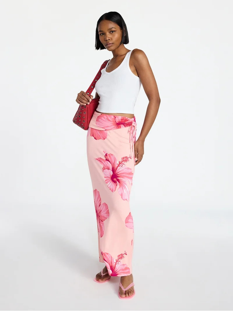 No Boundaries Knit Foldover Maxi Skirt with Side Tie, Women's & Women's Plus XXS-4X | Walmart (US)