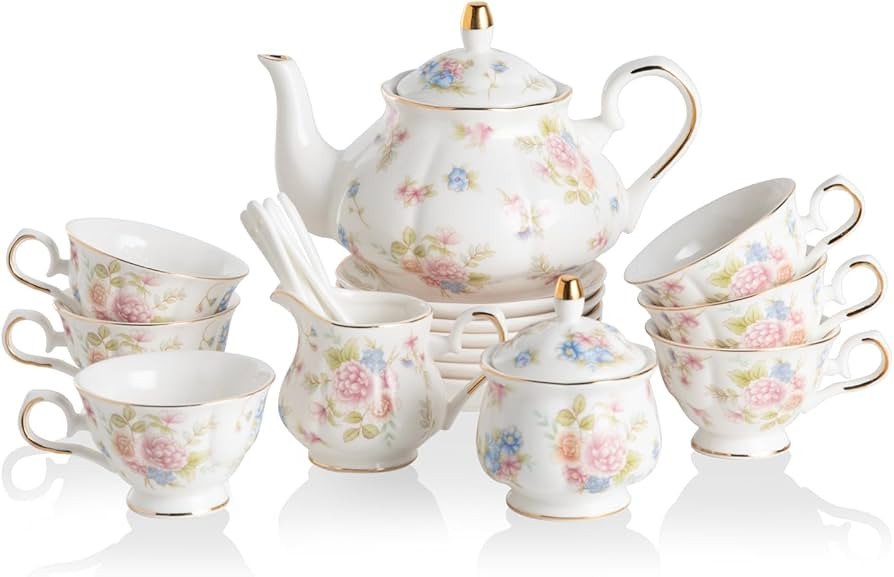 Sweejar Porcelain Tea Set Vintage Floral, British Relief Gold Rim Teapot Cup and Saucer Sets, 22-Piece Tea Sets for Adults, with Teapot, Sugar Bowl, Milk Jug, Spoons, Cup and Saucer (Small Flower) | Amazon (US)