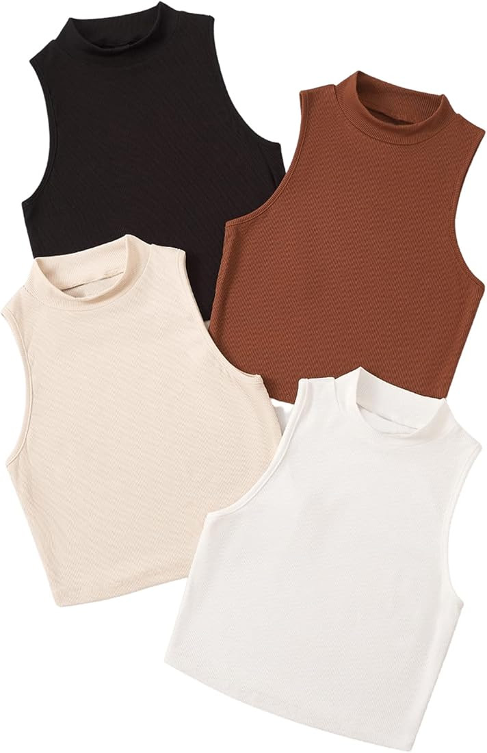 SweatyRocks Women's 4-Pack Sleeveless Mock Neck Ribbed Knit Crop Tank Top | Amazon (US)