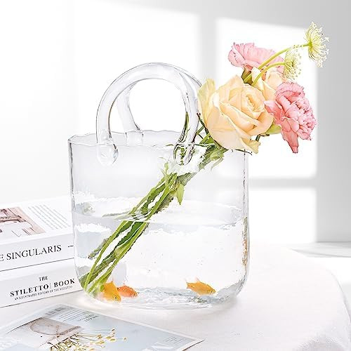 Candora Bag Glass Vases for Decor Creative Bubble Handbag Flower Vase Desktop Glass Basket Vase M... | Amazon (UK)
