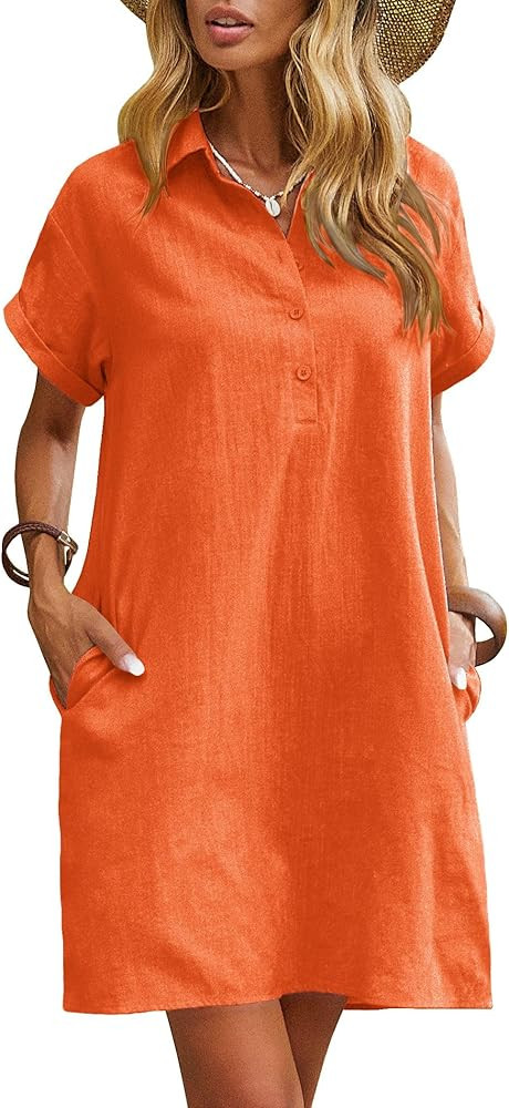 Zeagoo Womens Cotton Shirt Dress Summer Casual Short Sleeve Button Down Beach Cover Up Shirts wit... | Amazon (US)