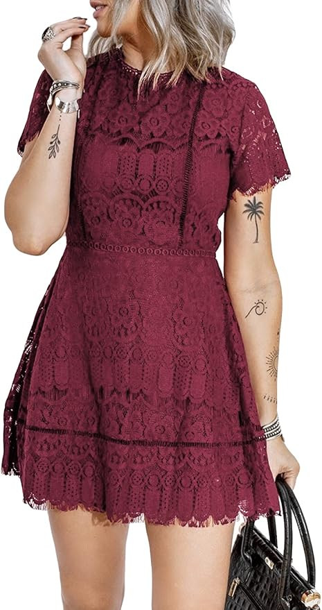Happy Sailed Women's Short Sleeve Lace Cocktail Party Dress Elegant High Waist A Line Skater Shor... | Amazon (US)