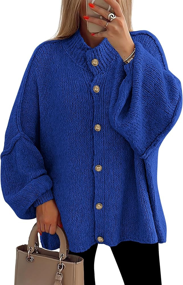 PRETTYGARDEN Women's Winter Button Down Cardigan Sweaters Mock Neck Lantern Long Sleeve Chunky Kn... | Amazon (US)
