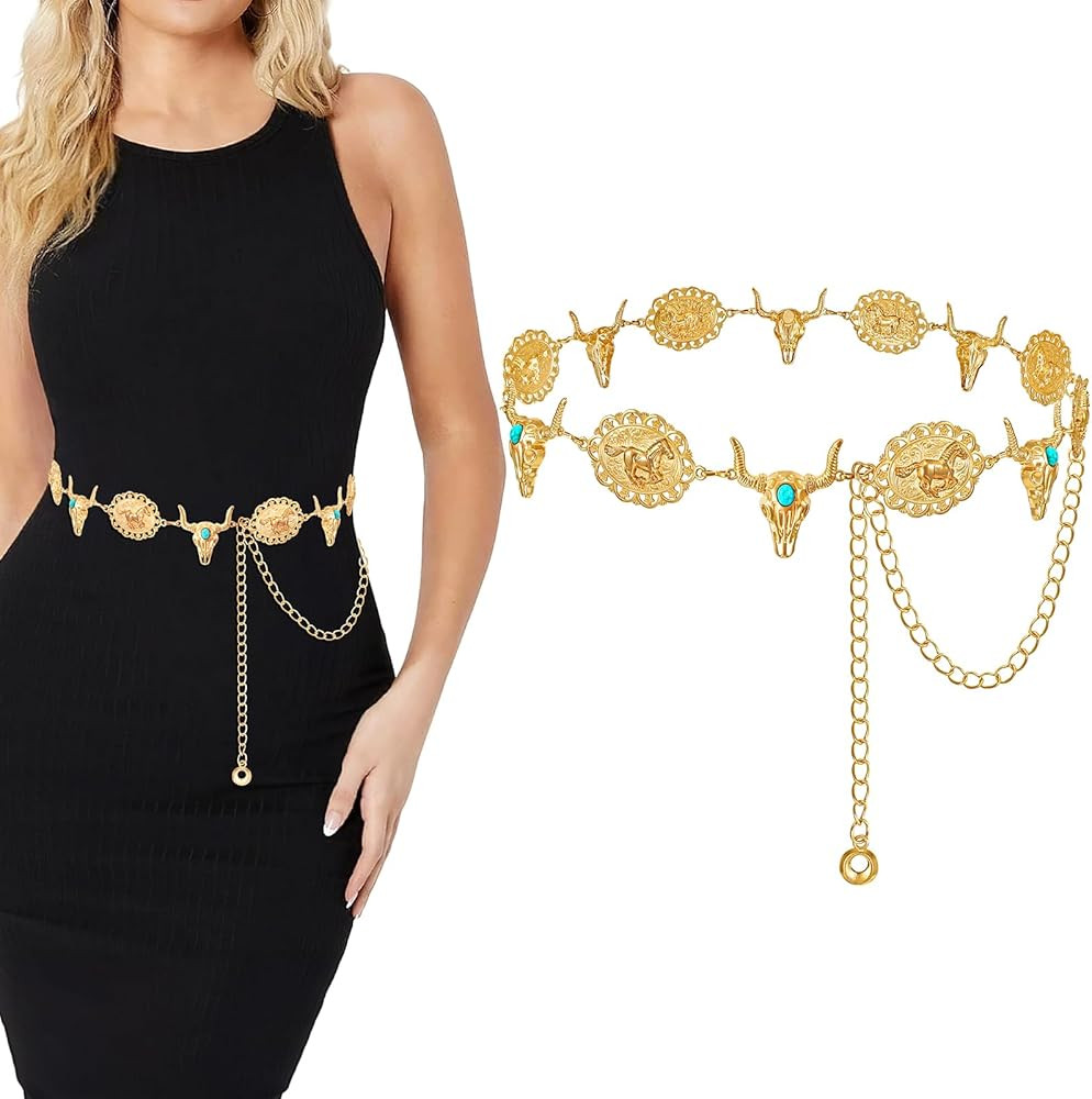 Western Metal Concho Chain Belt for Women Cowgirl Waist Chain Belt for Dresses Jeans Western Country Outfit | Amazon (US)