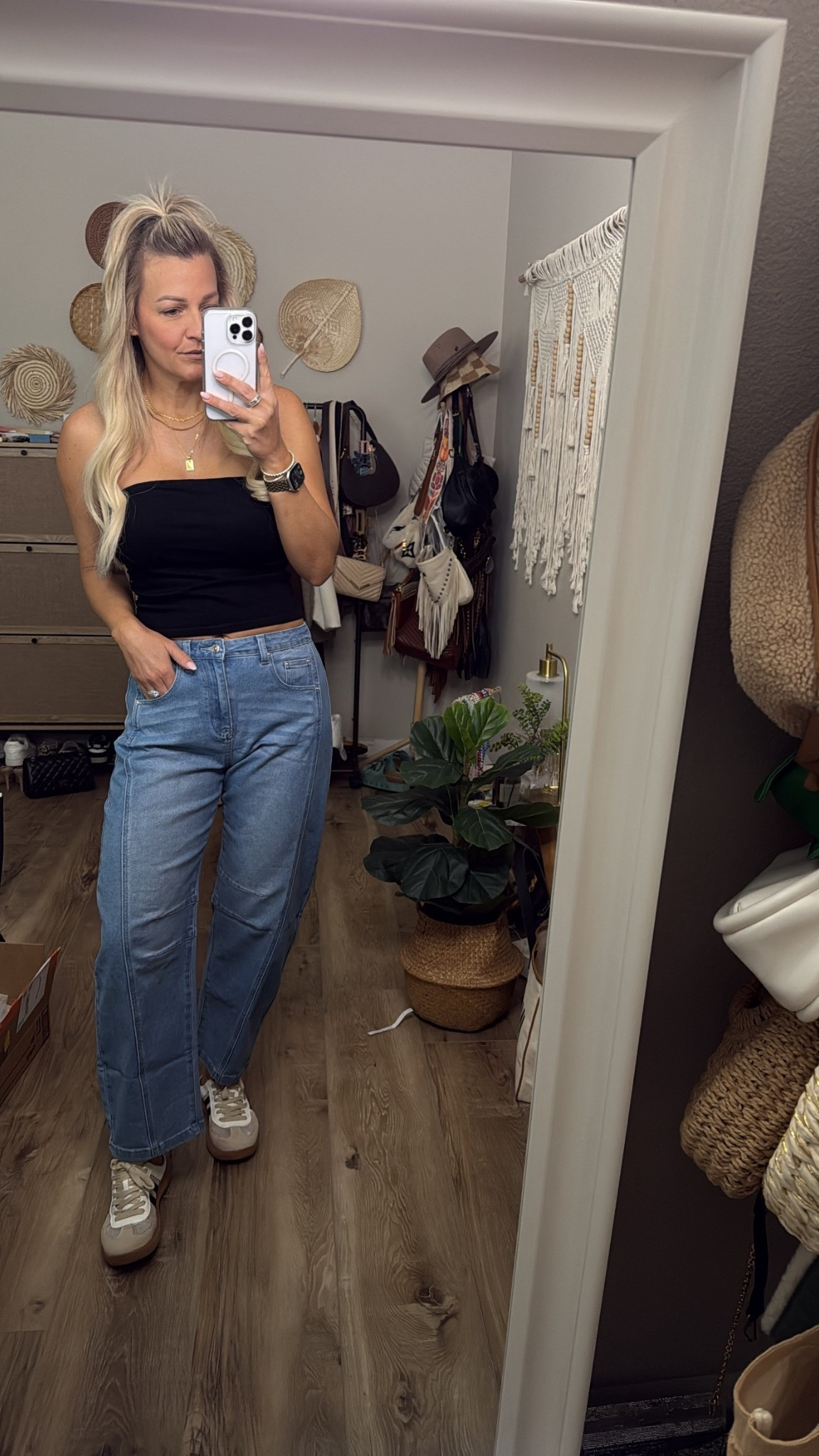 Large top
Barrel jeans size up
One size wearing 8
Sneakers TTS

#LTKGiftGuide #LTKootd #LTKHoliday