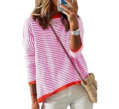 Dokotoo Womens 2024 Long Sleeve Tops Sweaters Casual Crewneck Striped Color Block Drop Shoulder C... | Amazon (US)