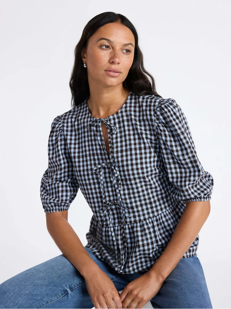 Time and Tru Women's Tie Front Peplum Top with Short Puff Sleeves, Size XS – XXXL | Walmart (US)