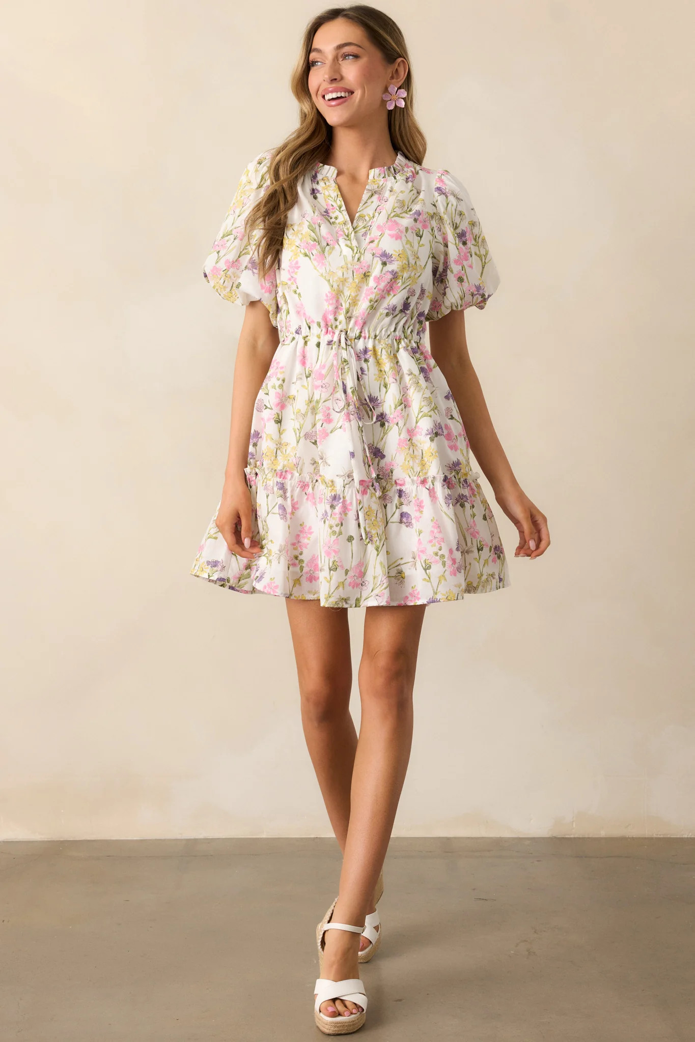 For Good Measure Ivory Floral Cotton Puff Sleeve Mini Dress | Red Dress