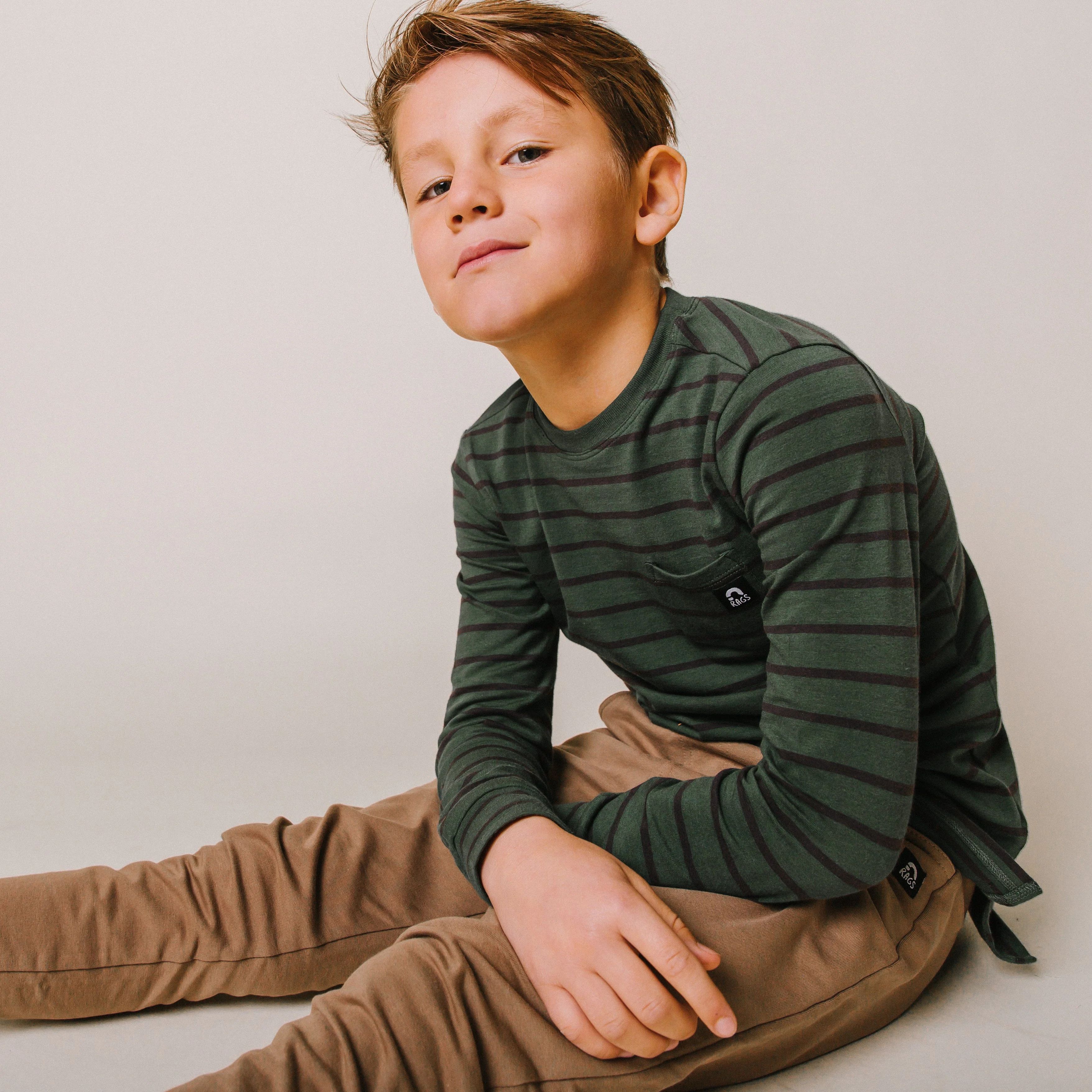 Essentials Long Sleeve Pocket Kids Tee - 'Sagebrush Stripe' | Rags