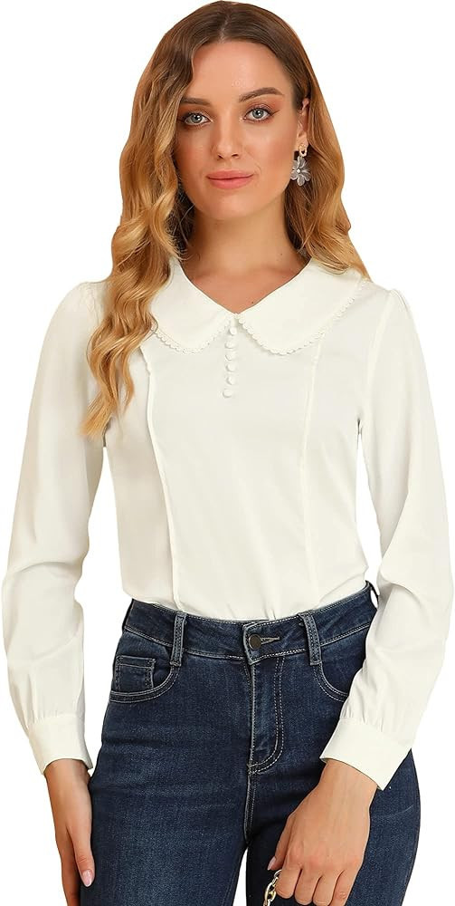 Allegra K Women's Peter Pan Collar Shirt Crochet Trim Long Sleeve Vintage Blouse | Amazon (US)