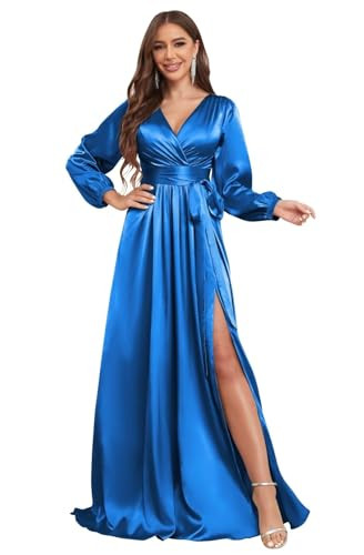 HTBVGO Long Satin Bridesmaid Dresses with Slit Long Sleeve Formal Dress V Neck Blue Evening Gown for Women Size 16 | Amazon (US)