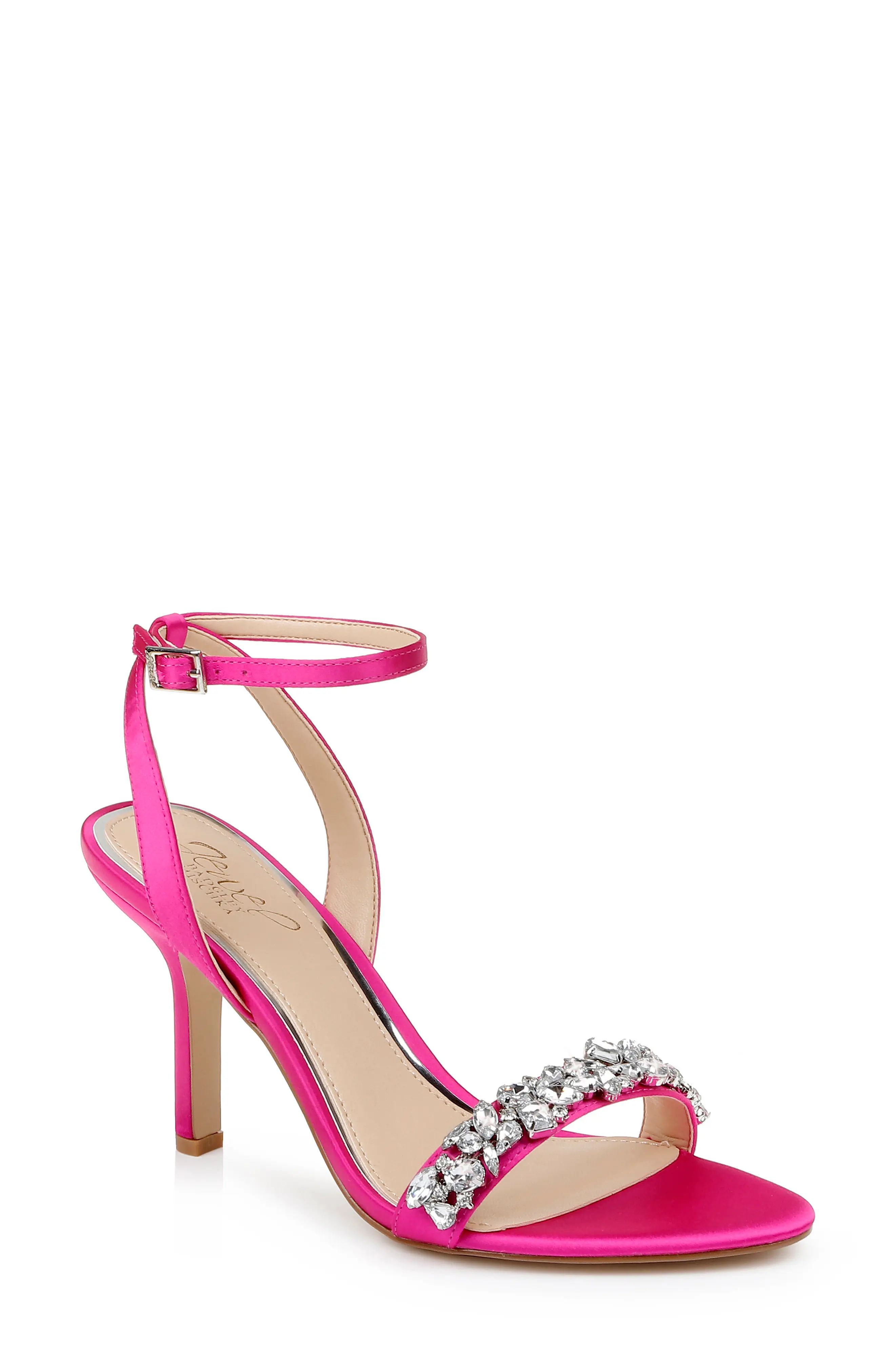 Jewel Badgley Mischka Ojai Crystal Ankle Strap Sandal in Neon Pink Satin at Nordstrom, Size 10 | Nordstrom