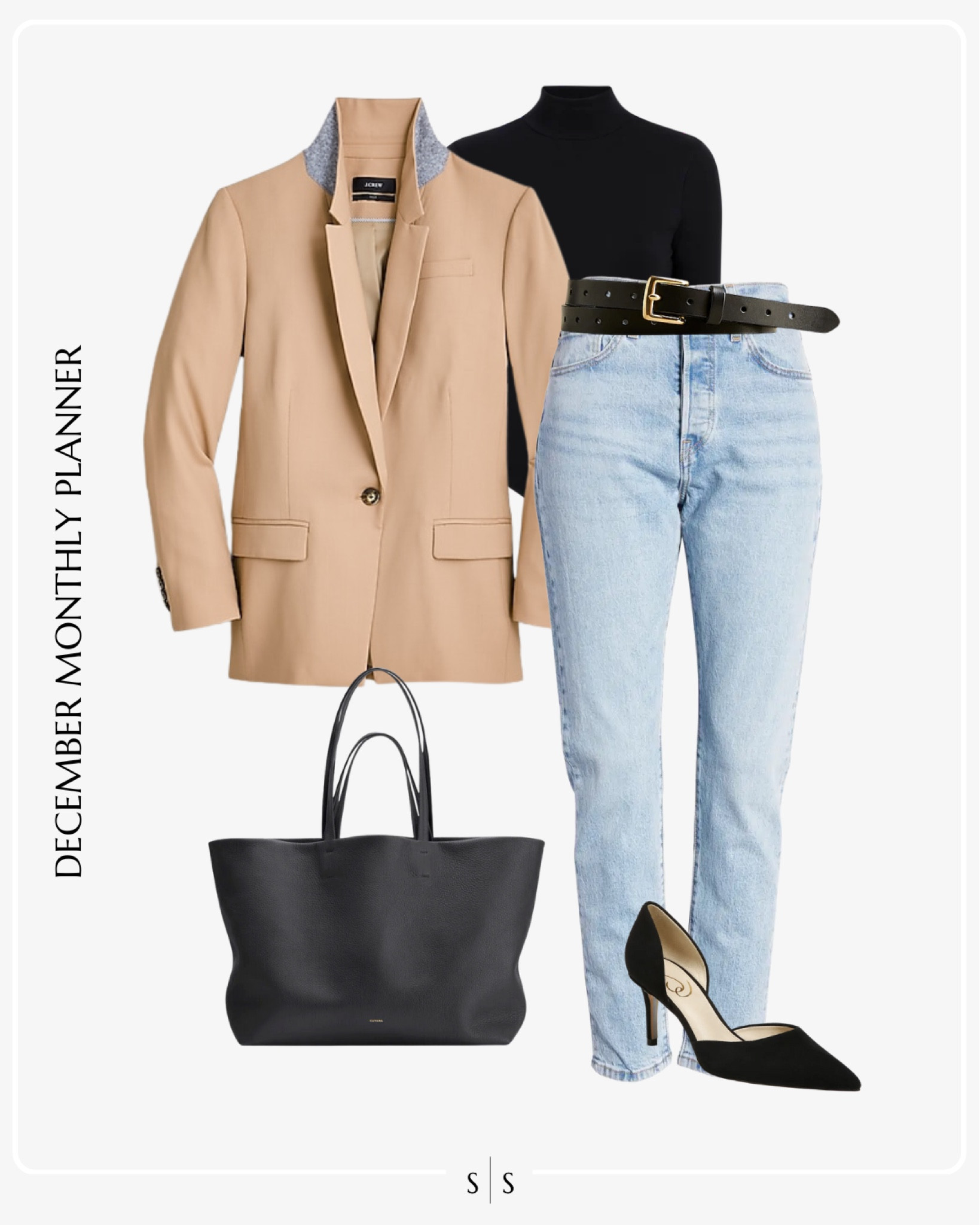 Monthly outfit planner: DECEMBER: Winter looks | tan blazer, turtleneck bodysuit, Riley straight crop Jean, black pump, black tote, belt, semi casual workwear 

See the entire calendar on thesarahstories.com ✨ 

#LTKstyletip #LTKworkwear