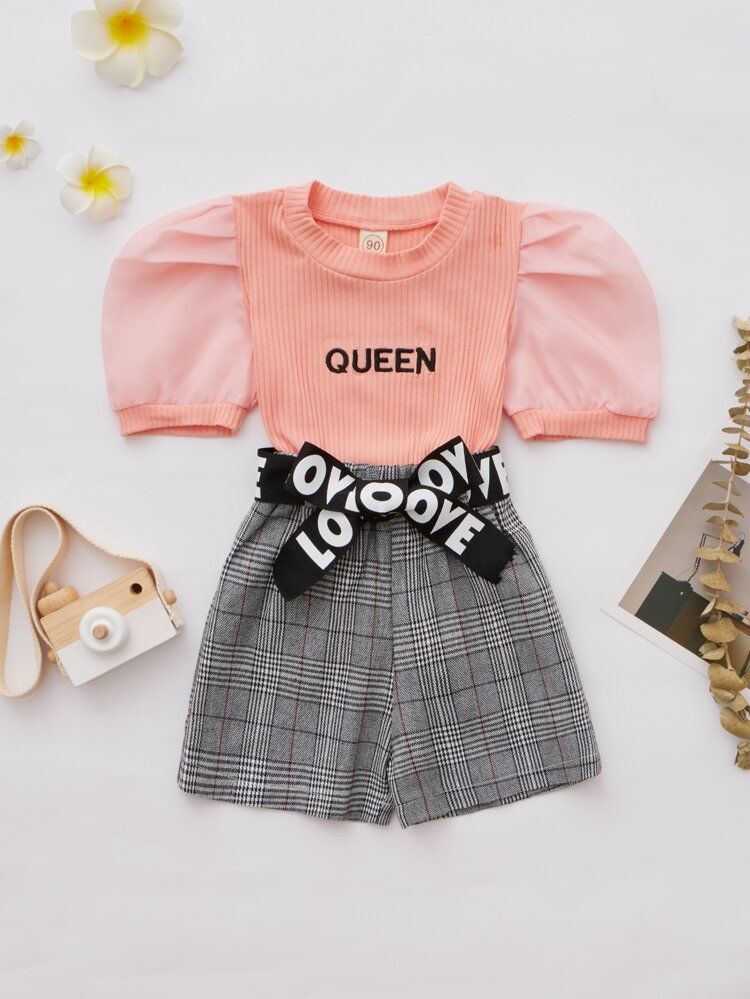Toddler Girls Letter Embroidery Puff Sleeve Tee & Plaid Shorts | SHEIN