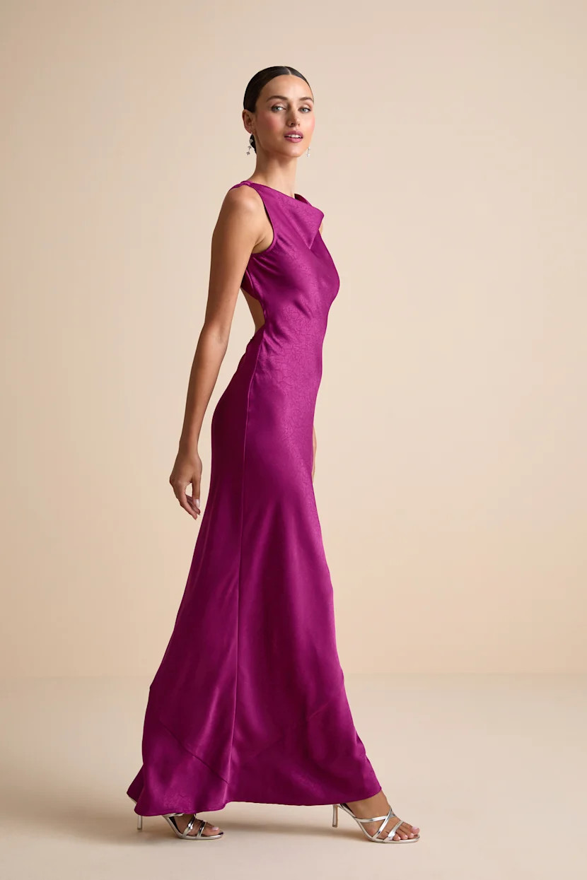 Alisha Magenta Crinkle Satin Backless Maxi Dress | Lulus