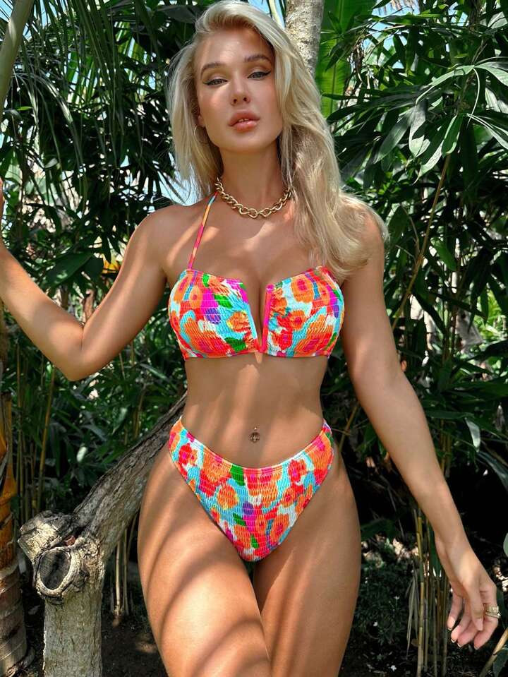 SHEIN Swim Vcay Summer Beach Floral Print Halter Bikini Set | SHEIN