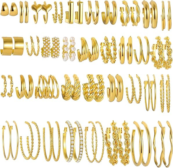 36 Pairs Gold Hoop Earrings Set for Women Girls Multipack, Hypoallergenic Chunky Chain Twisted Ho... | Amazon (US)