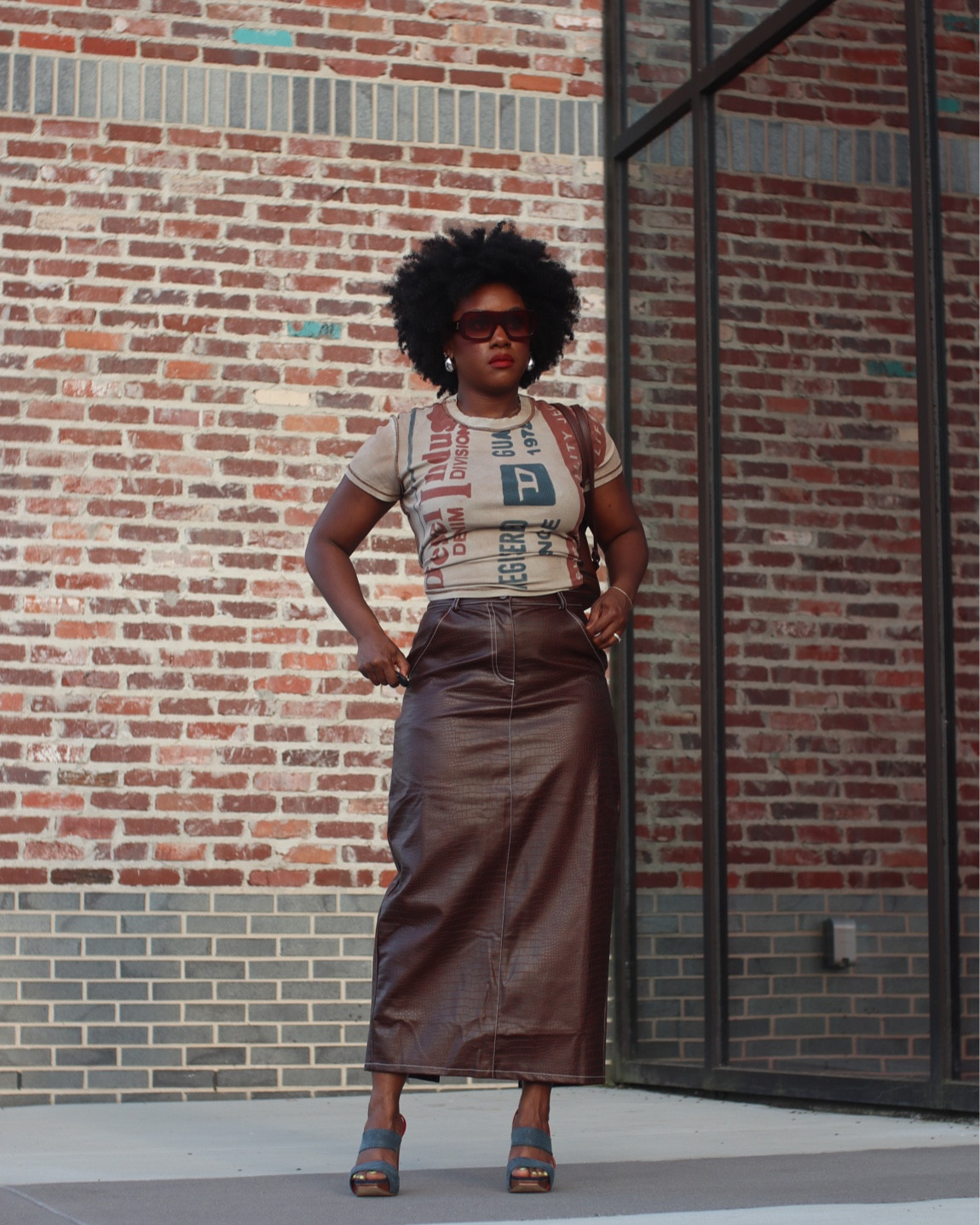 Graphic vintage Tshirt with brown faux leather maxi skirt and denim heels 

#LTKfit