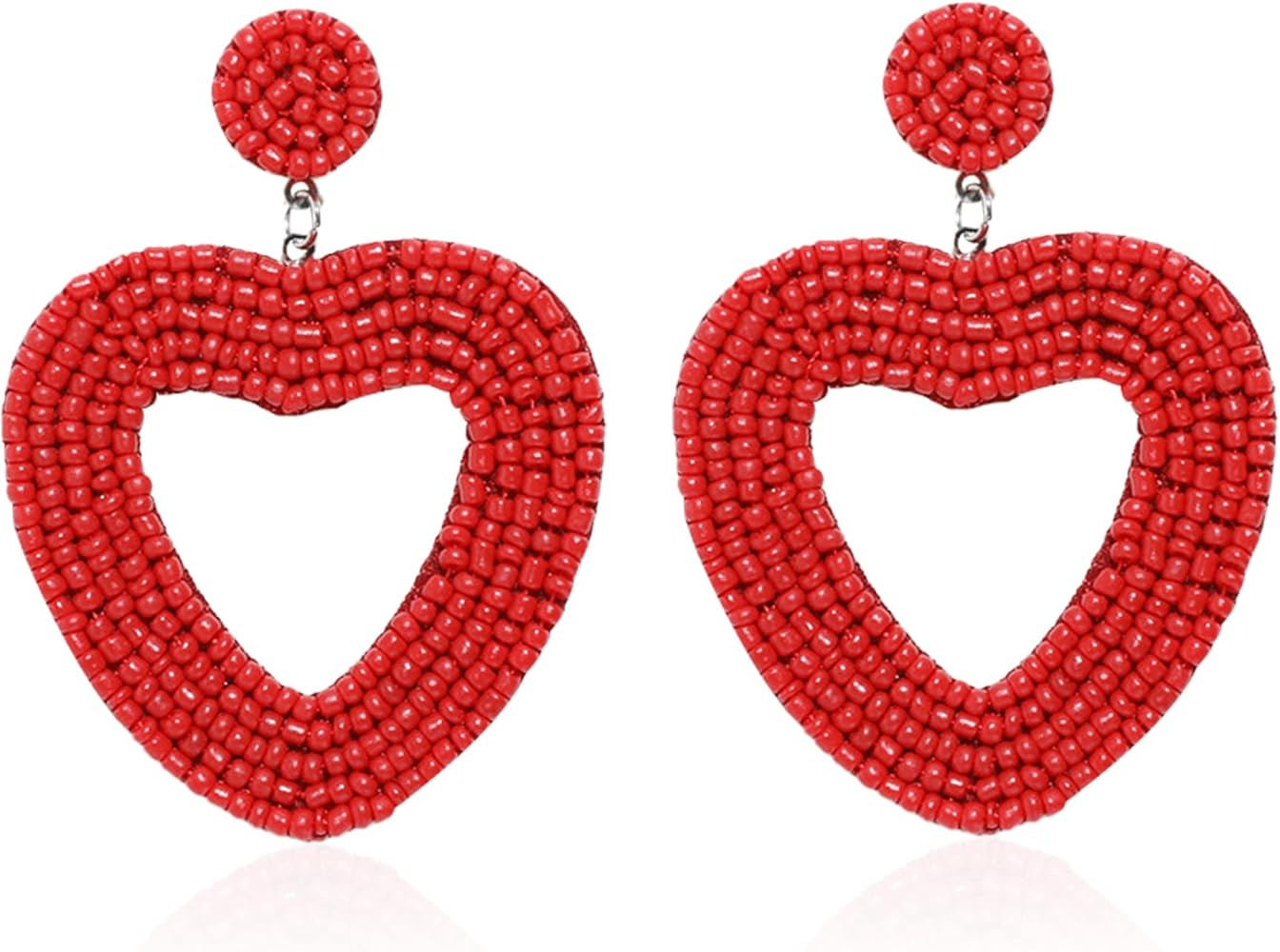 Beaded Red Heart Hollow Out Earrings Statement Seed Bead Heart Hoop Dangle Earrings Festive Valen... | Amazon (US)