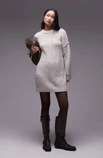 Topshop Long Sleeve Rib Minidress in Stone at Nordstrom Rack, Size X-Small | Nordstrom Rack