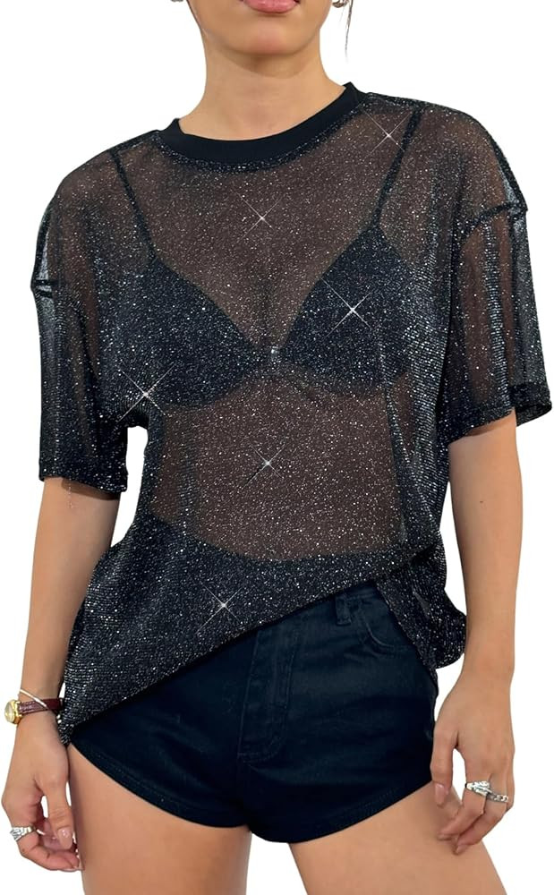 OYOANGLE Women's Sparkly Glitter Rave Concert Outfits Going Out Top Short Sleeve See Through Blou... | Amazon (US)
