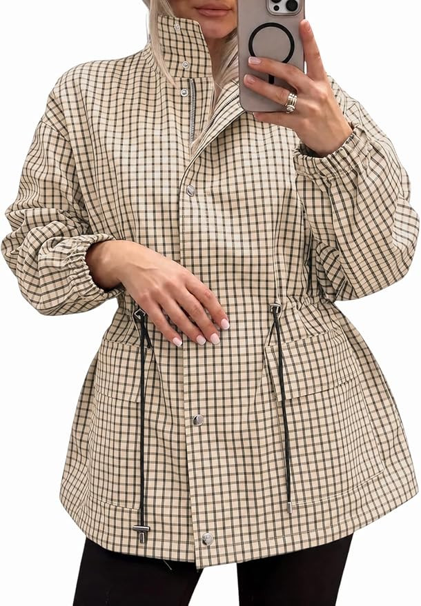 Tankaneo Womens Plaid Zip Up Jackets Casual Fall Windproof Trench Coats | Amazon (US)